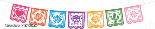 Colorful papel picado banner illustration with hearts, flowers, skull, and cactus, traditional Mexican decoration for festive celebrations