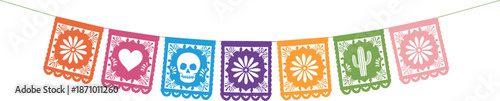 Colorful papel picado banner illustration with hearts, flowers, skull, and cactus, traditional Mexican decoration for festive celebrations