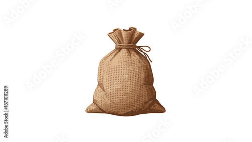 Traditional and rustic jute burlap sack, securely tied at its opening, perfect for storing dry goods or agricultural produce.