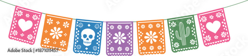 Colorful papel picado banner illustration with hearts, skull, flowers, and cactus, traditional Mexican decoration for festive celebrations