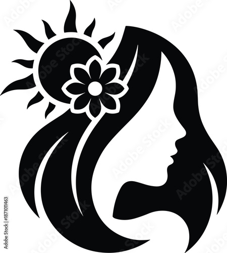 Beautiful woman silhouette profile with flower and sun in hair, minimalist black and white female portrait, beauty salon wellness logo icon