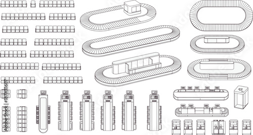 A detailed line art composition of a race track.