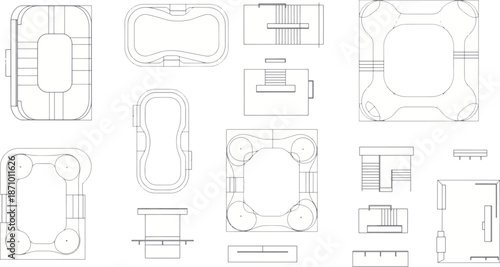 Architectural blueprint designs of various pools showcasing diverse shapes and forms in a top-down view, this image is perfect for illustrating concepts of design and construction.