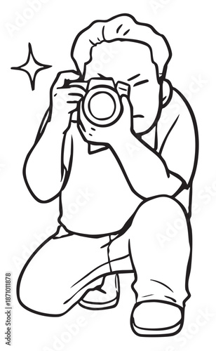一眼レフカメラを構える気合十分のお父さん_線画