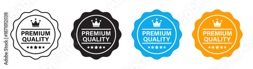 Premium quality badge icon set with decorative labels representing high standard product marking, trusted quality assurance, excellence guarantee and ecommerce marketing concept