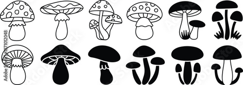Cartoon mushroom vector set, fantasy fungi silhouettes, black and white toadstool illustrations, forest botanical clipart, whimsical nature design collection

 flat vector illustration