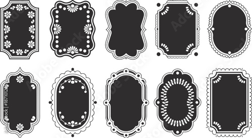 Vintage ornate chalkboard frame collection with decorative borders, floral elements, and blank labels for signage, invitations, and graphic design