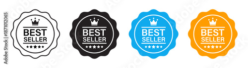 Best seller badge icon set with decorative labels representing top product ranking, customer trust, popular item highlight and ecommerce marketing concept