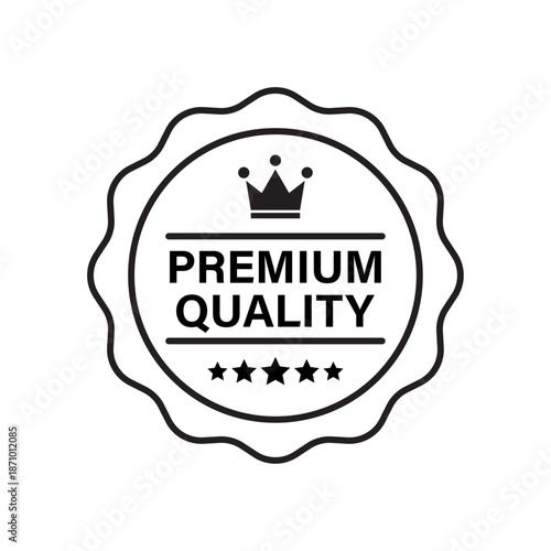 Premium quality badge icon with decorative labels representing high standard product marking, trusted quality assurance, excellence guarantee and ecommerce marketing concept