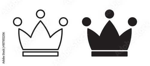 Crown icon set with outline and solid styles representing royalty, leadership, winner status, premium quality and achievement recognition concept