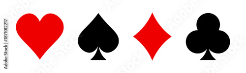 Playing card suit icon set with heart, spade, diamond and club symbols representing classic deck elements for casino, poker, gambling, game design