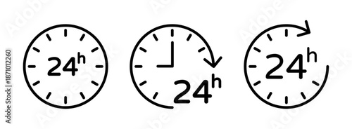 24 hour service icon set with clock symbols representing round the clock support, nonstop availability, customer service and business operation concept