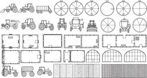 Line drawing set of agricultural vehicles, structures, and silos, meticulously crafted in a clean, graphic style, perfect for illustrating farming concepts.
