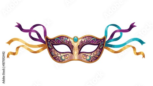 Elegant and ornate masquerade mask with intricate gold and purple patterns, featuring flowing ribbons, perfect for carnival celebrations.