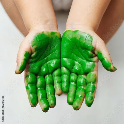 baby hands with green  paint