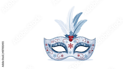 Beautiful winter-themed masquerade mask adorned with delicate snowflakes, red berries, and elegant white feathers, ideal for seasonal events.