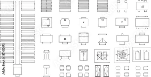 Collection of architectural layouts features detailed designs of various elements, meticulously drawn with precise lines. 