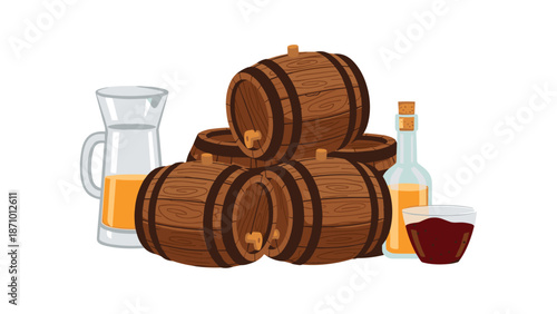 Assortment of classic wooden barrels, a full beer mug, a wine bottle, and a glass of red wine, representing alcoholic beverages and storage.