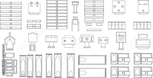 Collection of intricately designed architectural floor plan elements. A comprehensive set of stylized architectural blueprint elements presented in a clean, uncluttered layout.