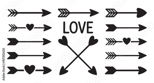 Collection of cupid arrows with hearts and word love for romantic holiday graphics