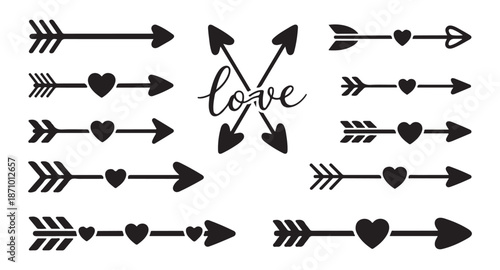 Set of black silhouette cupid arrows with heart shapes vintage ornamental dividers and calligraphic word love illustration