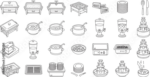 A collection of detailed line art illustrations showcasing various catering equipment, including food warmers, beverage dispensers, and chocolate fountains.