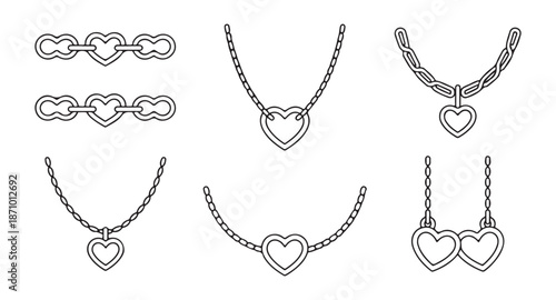 Line art jewelry designs with heart shapes including necklaces and chain links on white background vector