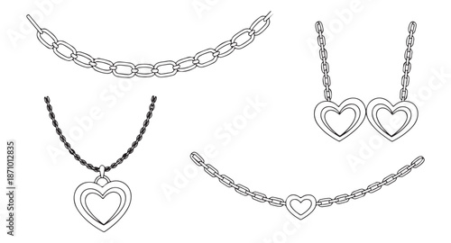 Heart pendant necklace and chain link collection in black line art style for fashion jewelry marketing materials