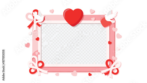 Lovely pink rectangular photo frame adorned with hearts, elegant ribbons, and peaceful doves, with a transparent space for a picture.