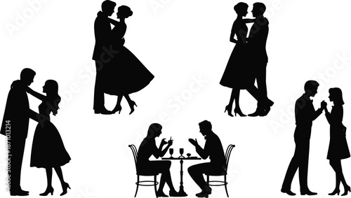 Romantic couple silhouettes, love, date night, dancing moments, emotional connection, holding hands, elegant romance, dining, relationship bonding, togetherness

 flat vector illustration