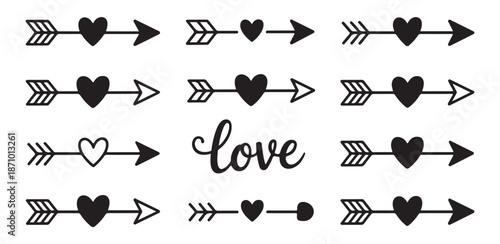 Set of decorative arrows with hearts and love text for valentine design elements