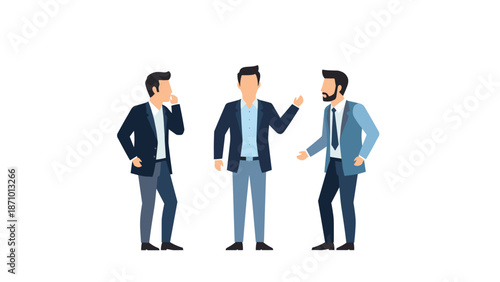 Three male business professionals engaged in an informal discussion or brainstorming session, standing together on a white background.