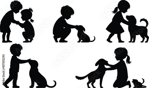 Silhouette Illustration of Children Interacting with Pets: Playing, Caring, and Bonding with Dogs flat vector illustration