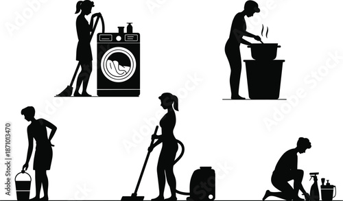Essential Household Chores: Vacuuming, Laundry, Cooking, and Cleaning – Daily Home Maintenance for a Clean and Organized Living Space flat vector illustration