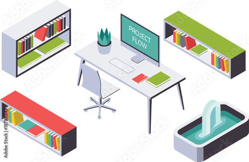 "Isometric modern office workspace with computer desk, swivel chair, bookshelves, indoor plant, and decorative water fountain vector illustration"

flat vector illustration