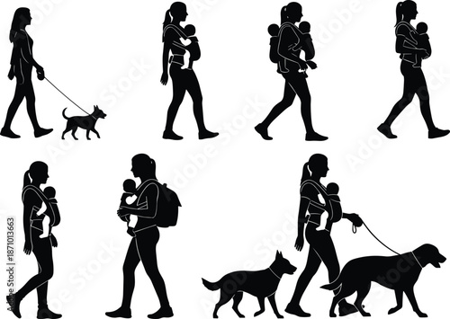 Mother walking silhouettes set, carrying baby and dog, family lifestyle activities, parenting routine, black vector illustration