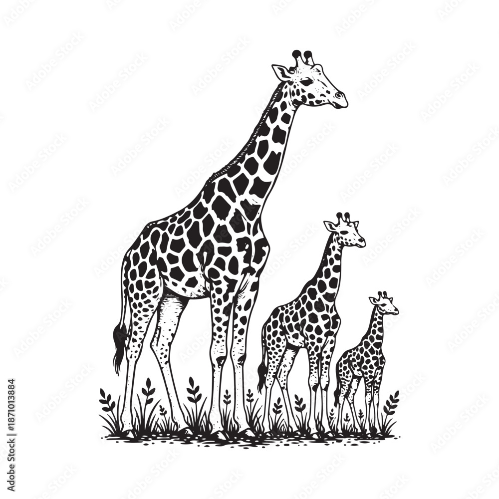 Obraz premium Giraffe and Baby Giraffe Family Silhouette Illustration in Safari Nature