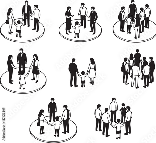 Illustrative scenes showing the dynamics of connection and unity within the community. Demonstrating the value of support networks, family bonds, and the significance of social interaction.