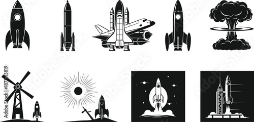 Rocket launch and space exploration icons set, spacecraft silhouettes, science technology illustration, black vector collection