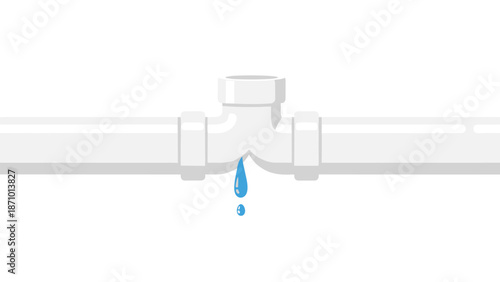 White pipe system with a T-junction, clearly showing a single water droplet leaking from a crack, indicating a plumbing issue.