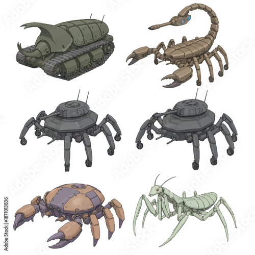 Collection of six detailed illustrations of various animal-inspired mechanical robots and vehicles, including a scorpion, spiders, a crab, a mantis, and a beetle-like tank.