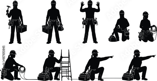 Construction worker silhouettes set, various working poses, industrial labor safety concept, black vector illustration