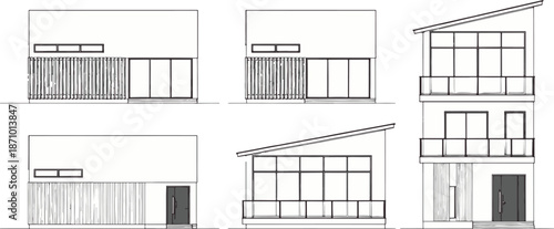 Architectural renderings showcasing the facade of a modern house, a minimalist design with sleek lines and a contemporary aesthetic.