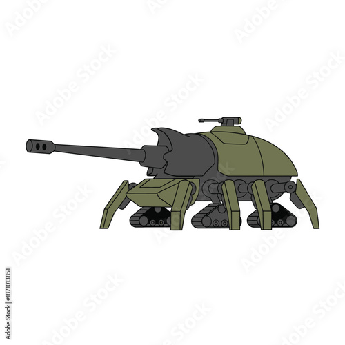 Illustration of a futuristic beetle-like tank with multiple legs and a large cannon, a unique military insectoid vehicle design.