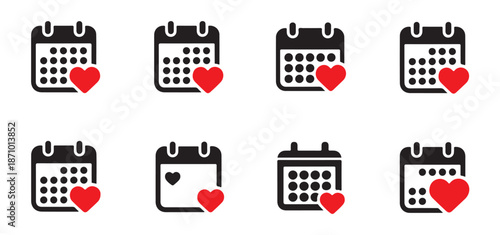 Calendar with red heart icon set for valentine day event notification romantic date reminder and wedding planning