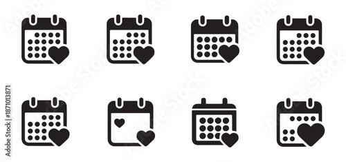 Calendar with heart icon set vector isolated on white background symbol of valentines day