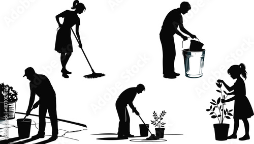 Silhouette of people performing outdoor tasks, sweeping, watering, planting, trash disposal, gardening, maintaining clean and green environment, eco-friendly activities flat vector illustration