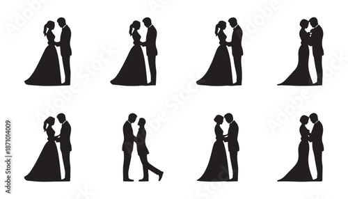 Eight bride and groom cake topper silhouettes collection for wedding celebration vector icons