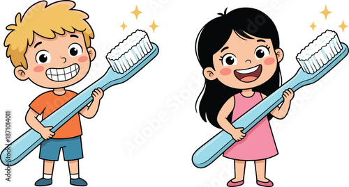 Smiling kids holding toothbrush illustration, dental hygiene education concept, cute children characters, isolated white background