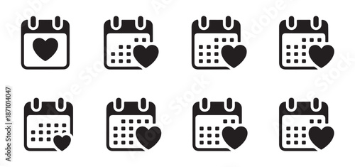 Romantic calendar icon set for dating schedule management valentine day events and love anniversary celebrations